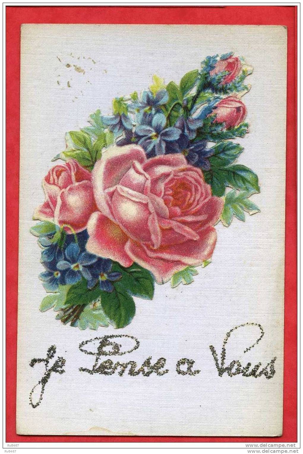 * Chromos Découpis Fleurs Sur Carte Postale-"Je Pense à Vous"(Carte Toilée) - Flowers