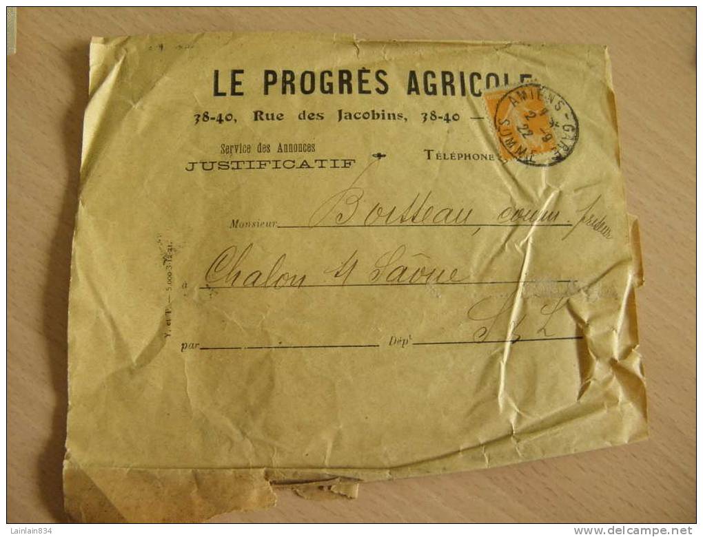 - Semeuse De 5c Sur Bande Journal -  " Le Progrès Agricole " Cachet AMIENS-GARE, 1922. - Zeitungsmarken (Streifbänder)