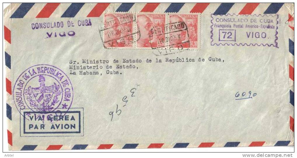 CC CERTIFICADA DESDE EL CONSULADO DE CUBA EN VIGO PONTEVEDRA GALICIA A LA HABANA CUBA 1954 CON FRANQUICIA POSTAL AMERICO - Plaatfouten & Curiosa