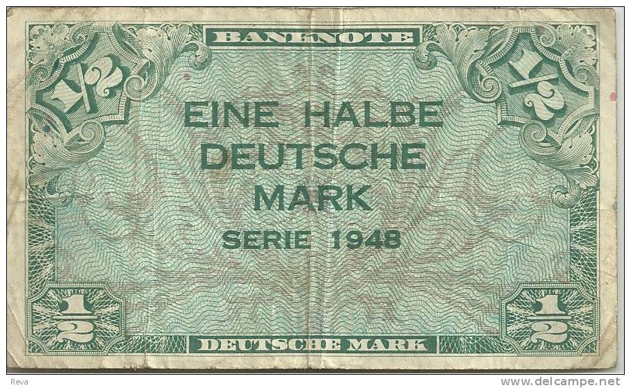 GERMANY WEST 1/2 MARK GREEN MOTIF FRONT & BLUE MOTIF BACK  DATED 1948  P1a READ DESCRIPTION !! - 1/2 Mark