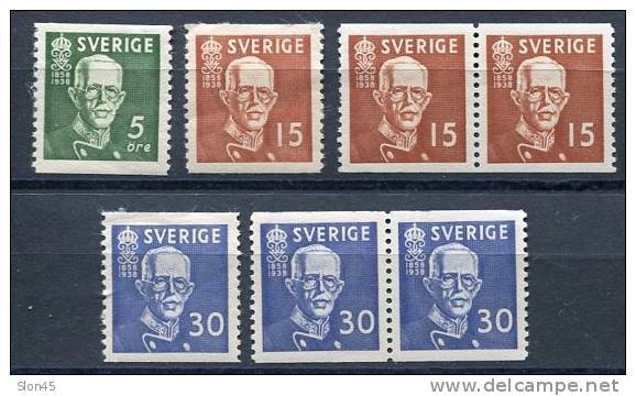 Sweden 1938 Sc 275-7 FA 266-8 MNH/MH  Pair  King Gustf V - Unused Stamps