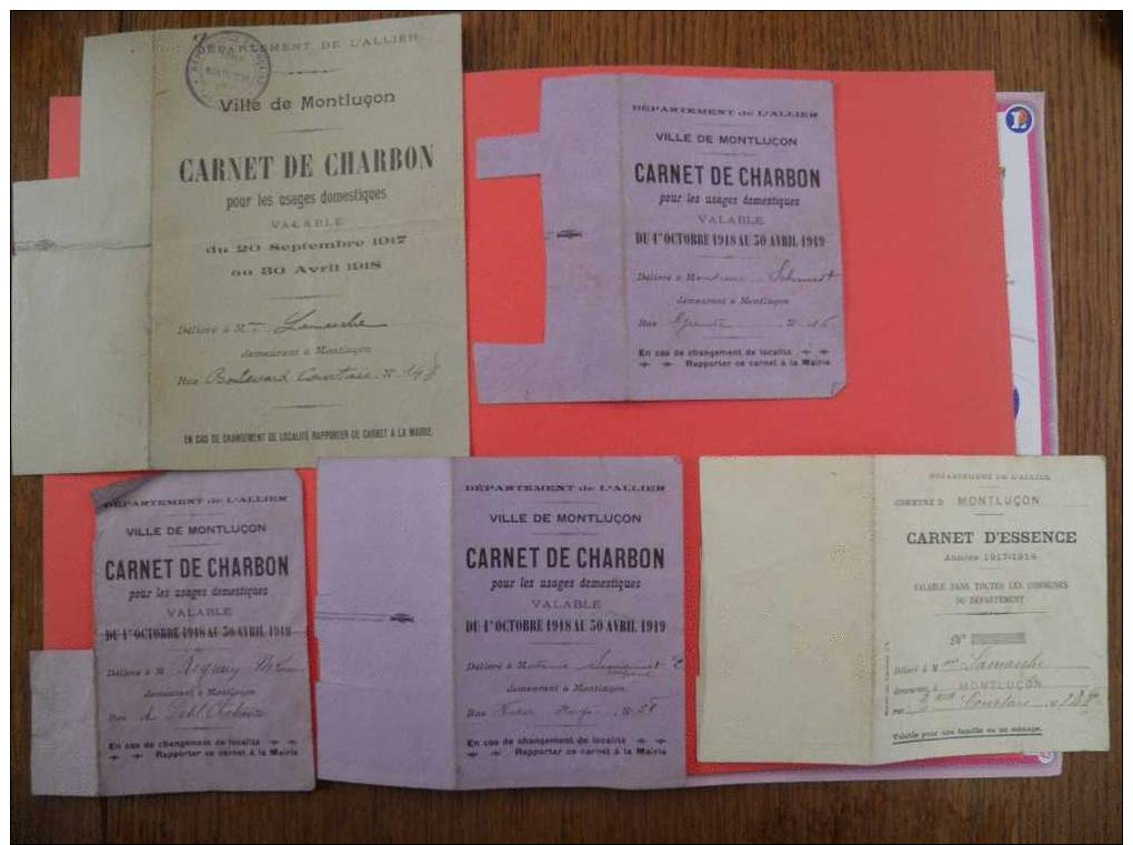 ALLIER/Dep03/WW1 14/18-CARTES D'ALIMENTATION SUCRE, CHARBON, Essence...: Cachet De MAIRIE, MONTLUÃ‡ON Voir Photos-5 Docs - Unclassified