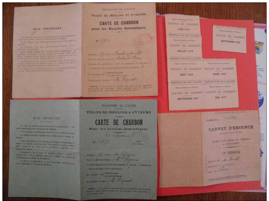 ALLIER/Dep03/WW1-CARTES D'ALIMENTATION SUCRE, CHARBON, Essence.: Cachet De MAIRIE: MOULINS & YZEURE Voir Photos-4 Docs - Unclassified