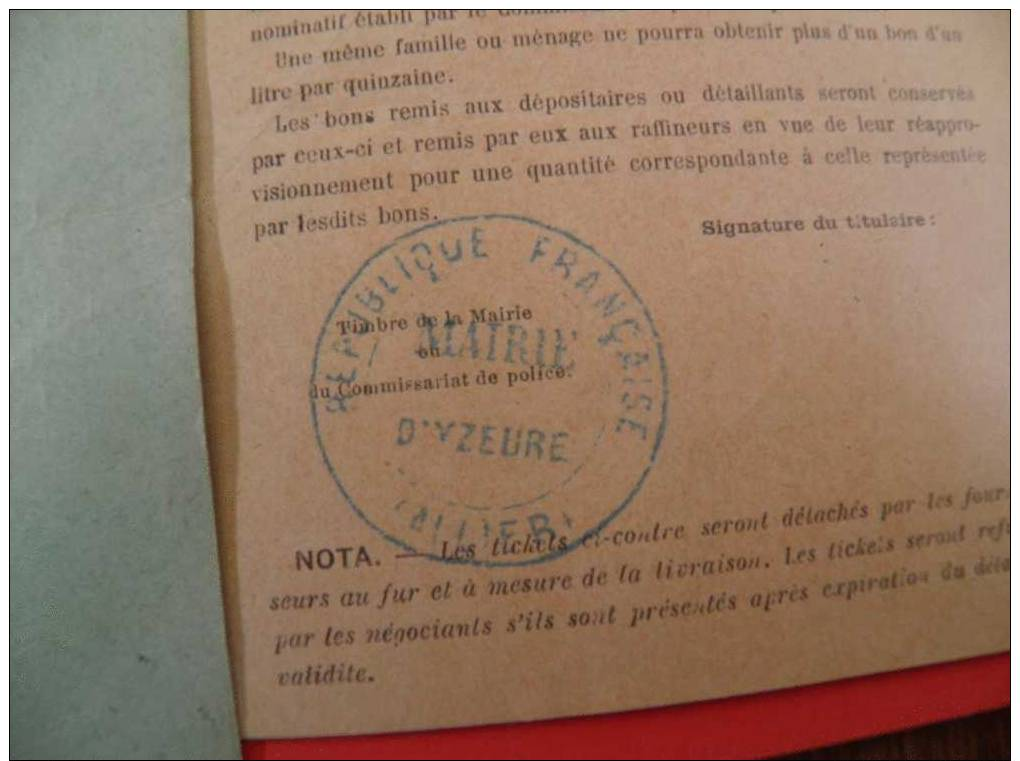 ALLIER/Dep03/WW1-CARTES D'ALIMENTATION SUCRE, CHARBON, Essence.: Cachet De MAIRIE: MOULINS & YZEURE Voir Photos-4 Docs - Unclassified