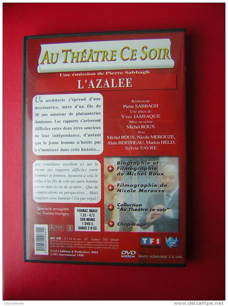 DVD AU THEATRE CE SOIR-NEUF SOUS BLISTER /CELLOPHANE-MICHEL ROUX NICOLE MEROUZE-L'AZALEE UNE EMISSION DE PIERRE SABBAGH - Colecciones & Series