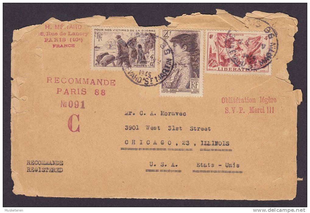 France Recommandée Registered PARIS FDC Cover + Card 16th Of May 1945 To CHICAGO USA Etats Unis (3 Scans) RARE !! - ....-1949