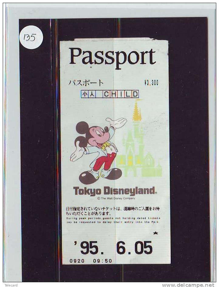 DISNEY PASSPORT JAPON * TOKYO DISNEYLAND JAPAN (135) PASS * TICKET * VINTAGE  * CHILD * 1995 - Disney