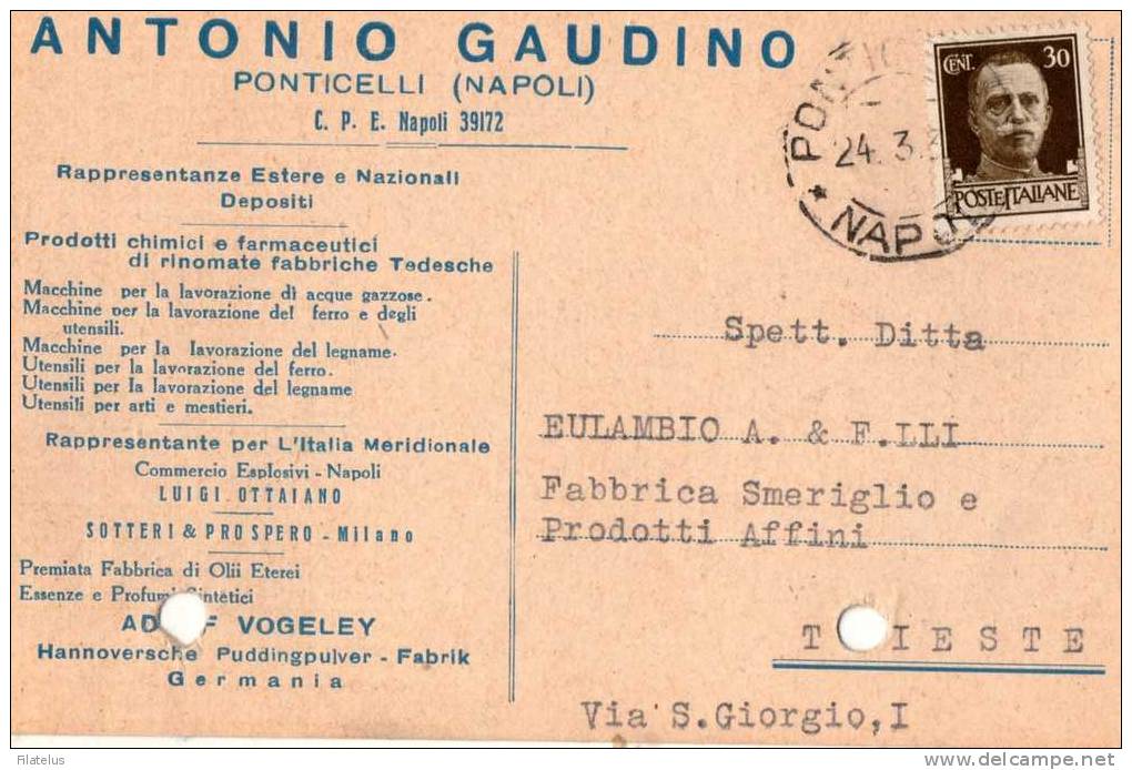 CARTOLINA POSTALE CON TIMBRO DI PONTICELLI-NAPOLI-28-3-1938 -PUBBLICITA´-ANTONIO GAUDINO-PRODOTTI CHIMICI E FARMACEUTICI - Storia Postale