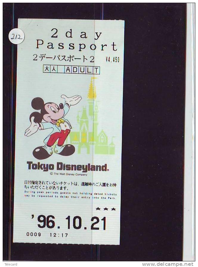 DISNEY PASSPORT JAPON * TOKYO DISNEYLAND JAPAN (212) PASS * TICKET * VINTAGE * 2DAY PASSPORT ADULT 1996 - Disney