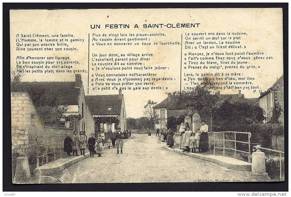 CPA  ANCIENNE- FRANCE- SAINT CLÉMENT (89)-  RUE CENTRALE ET LE PONT- TRES BELLE ANIMATION- POEME : UN FESTIN.. - Saint Clement