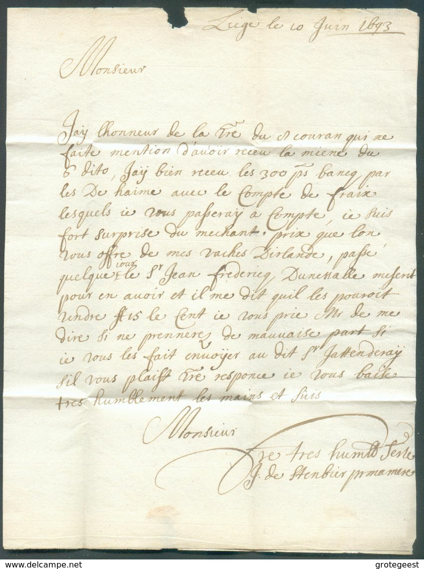 LAC De LIEGE Le 10 Juin 1693 Vers Anvers; Manuscrit '6' St.' (stuyvers) à L'encre.  Grande Fraîcheur. - 6805 - 1621-1713 (Spanische Niederlande)