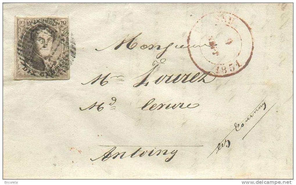 Médaillon 10 Cent. Brun, TB Margé, Obl. P.21 S/L. De BOUSSU Le 9 Sept.1851 Vers Antoing.  Superbe - 6814 - 1849-1850 Medallones (3/5)