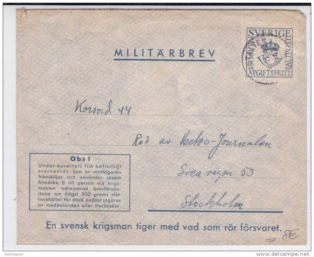 SVERIGE - 1943 - ENVELOPPE ENTIER MILITAIRE De FELDPOST 21225 Pour STOCKHOLM - Militares