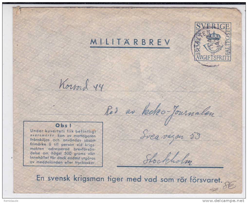 SVERIGE - 1943 - ENVELOPPE ENTIER MILITAIRE De FELDPOST 21225 Pour STOCKHOLM - Militaire Zegels