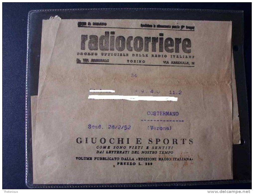 # Rara Fascietta Invio Radiocorriere 1952 - Accessoires, Pochettes & Cartons