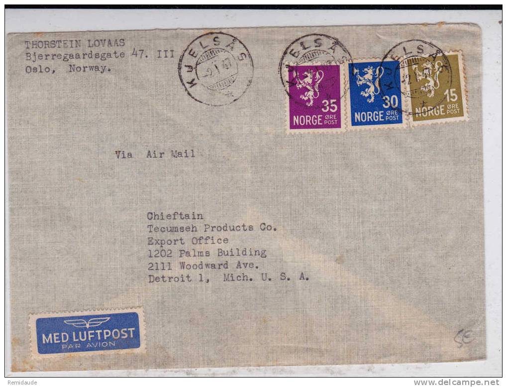 NORGE - 1947 - LETTRE De KJELSAS Par AVION Pour DETROIT (USA) - Briefe U. Dokumente