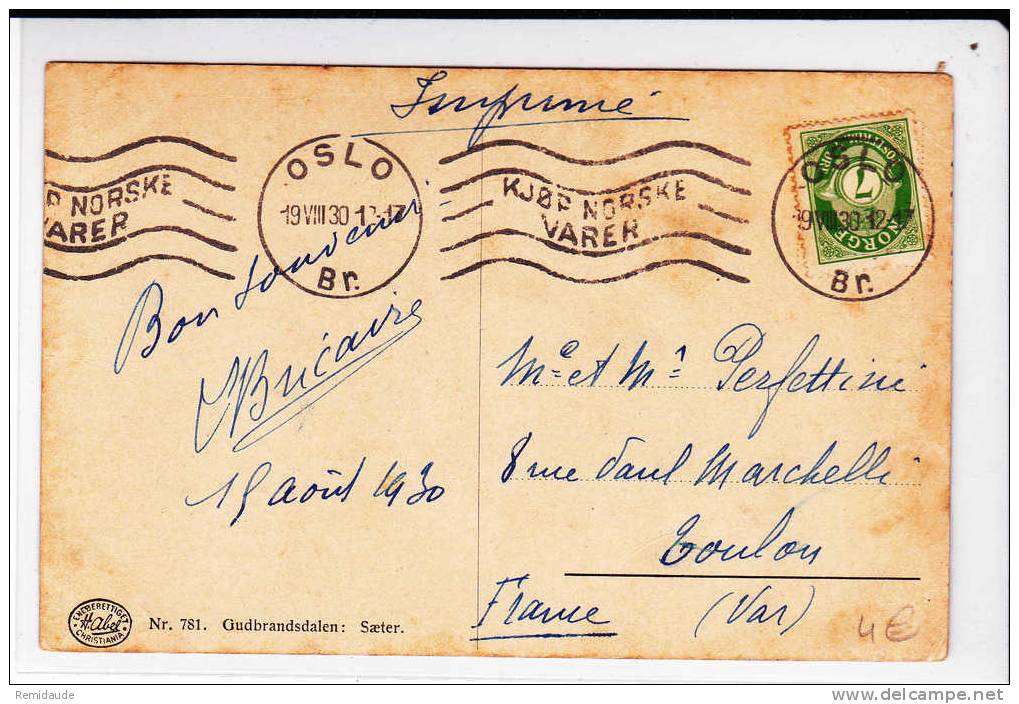 NORGE - 1930 - CARTE POSTALE De OSLO Pour TOULON (VAR) - Cartas & Documentos