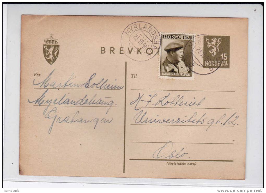 NORGE - 1946 - CARTE POSTALE ENTIER De MYRLANDSHAUG Pour OSLO - Postal Stationery