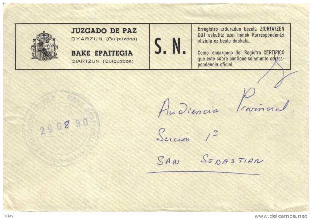 CC CON FRANQUICIA 1990 JUZGADO DE PAZ DE OYARZUN GUIPÚZCOA PAIS VASCO - Franchigia Postale