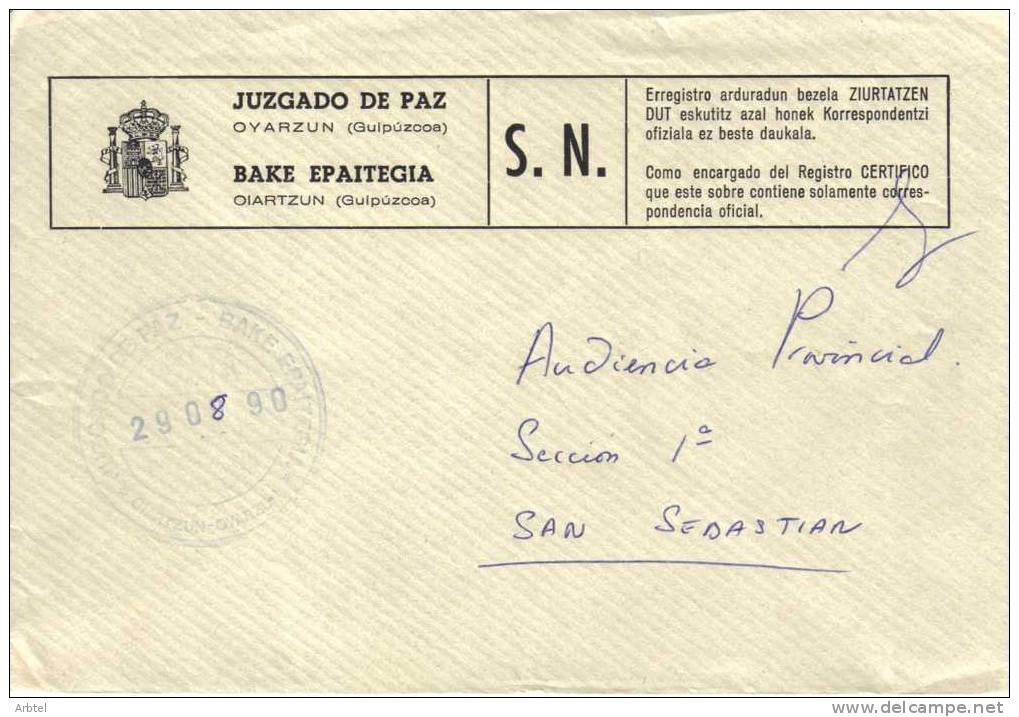 CC CON FRANQUICIA 1990 JUZGADO DE PAZ DE OYARZUN GUIPÚZCOA PAIS VASCO - Franquicia Postal