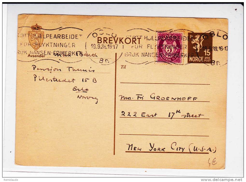 NORGE - 1938 - CARTE POSTALE ENTIER De OSLO Pour NEW YORK (USA) - Postal Stationery