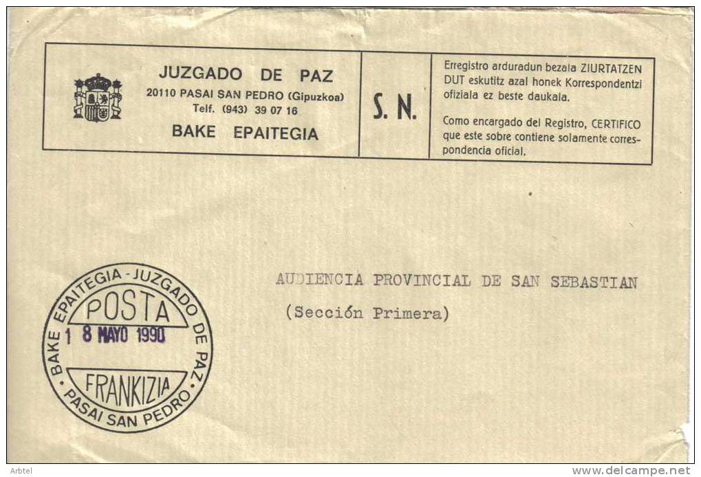 CC CON FRANQUICIA 1990 JUZGADO DE PAZ PASAJES DE SAN PEDRO GUIPÚZCOA PAIS VASCO JUSTICIA - Franquicia Postal