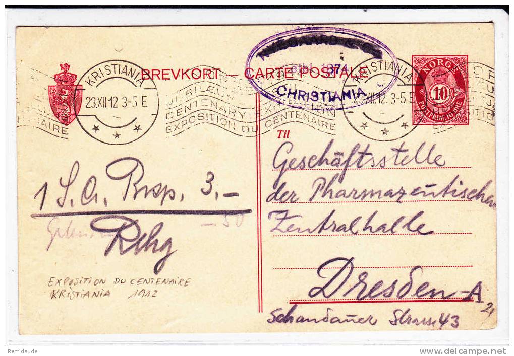 NORGE - 1912 - CARTE POSTALE ENTIER De KRISTIANA Pour  DRESDEN (GERMANY) - EXPOSITION DU CENTENAIRE - Postal Stationery