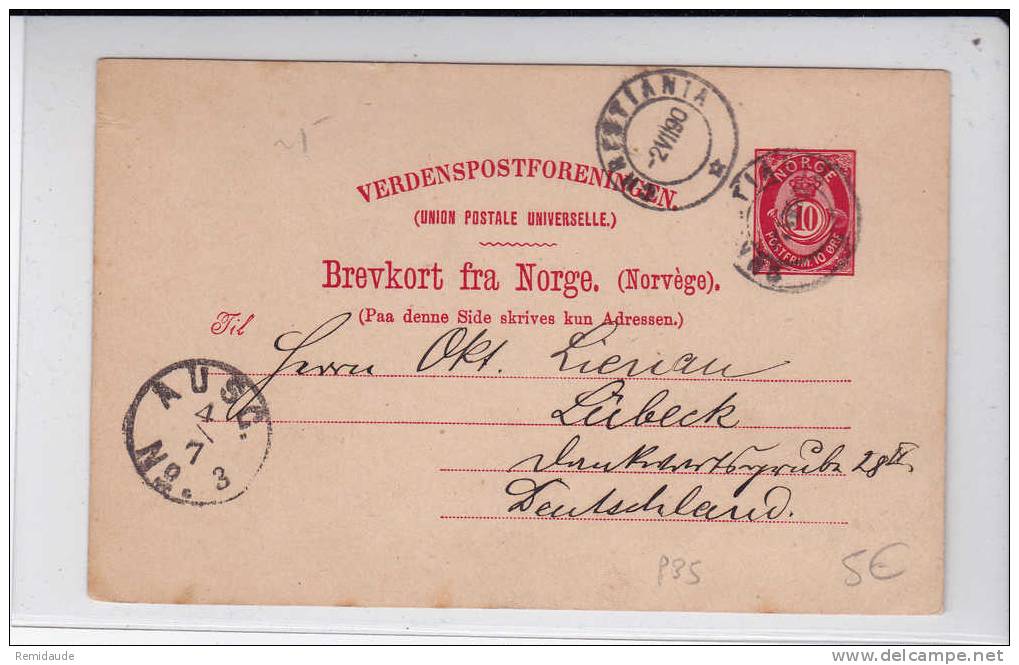 NORGE - 1890 - CARTE POSTALE ENTIER De KRISTIANA Pour  LÜBECK (GERMANY) - Postal Stationery