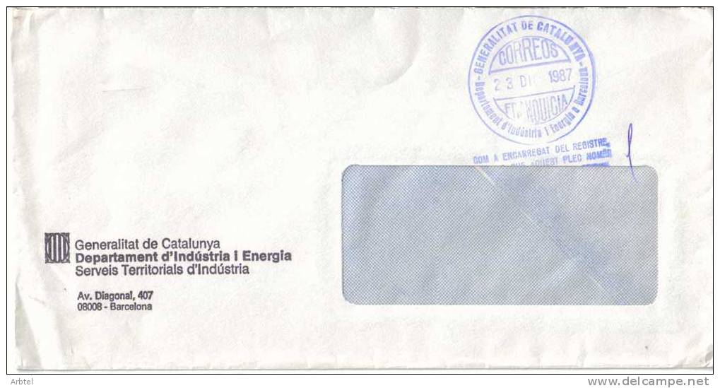 CC CON FRANQUICIA 1987 GENERALITAT DE CATALUÑA DEPARTAMENTO DE INDUSTRIA Y ENERGIA BARCELONA - Franquicia Postal