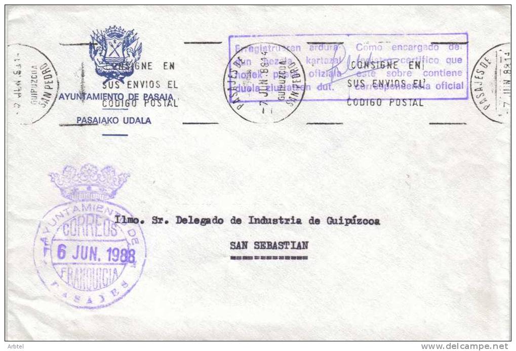 CC CO FRANQUICIA AYUNTAMIENTO DE PASAJES GUIPÚZCOA 1988 - Franchigia Postale