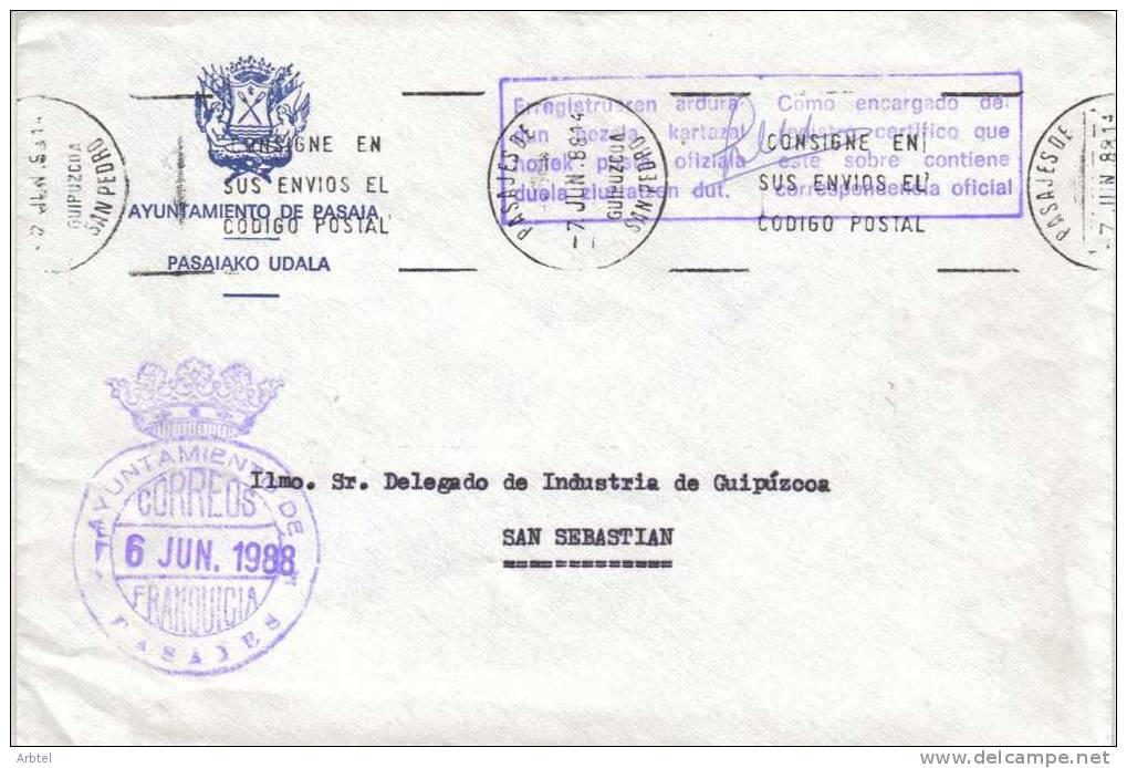 CC CO FRANQUICIA AYUNTAMIENTO DE PASAJES GUIPÚZCOA 1988 - Franquicia Postal