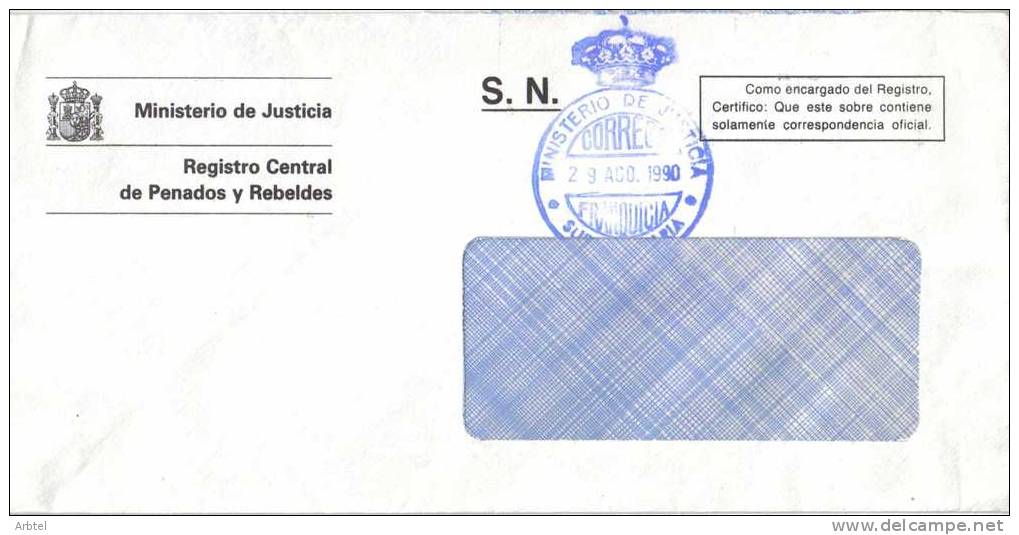 CC CON FRANQUICIA 1990 MINISTERIO DE JUSTICIA SUBSECRETARIA REGISTRO CENTRAL DE PENADOS Y REBELDES - Franquicia Postal