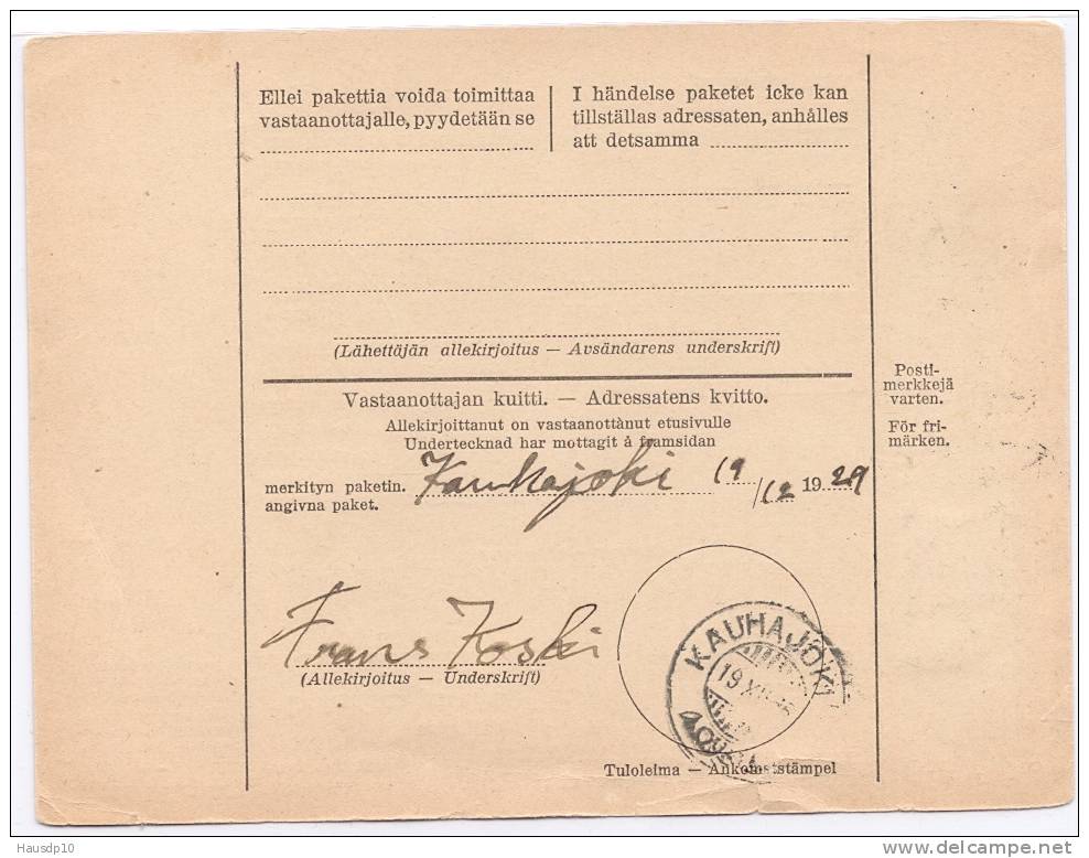Paketkarte Finnland Kurikka - Kauhajoki 1929 EF 5M,  Suomi Finland (CR158) - Covers & Documents