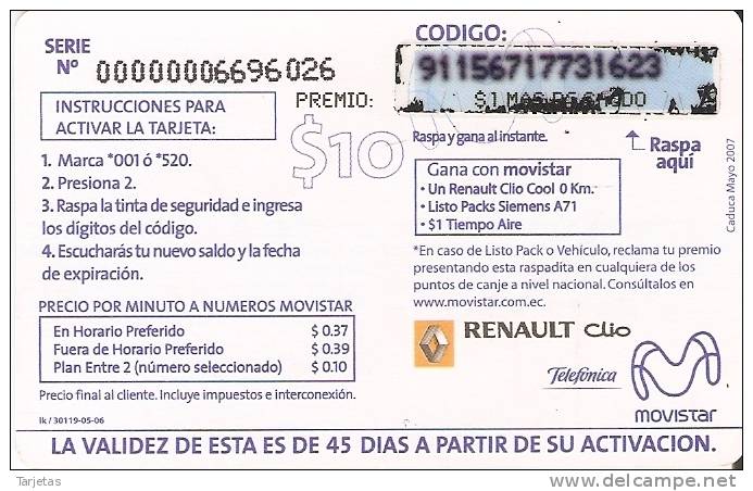 TARJETA DE ECUADOR DE MOVISTAR DE 10$ TARJETA 100% PREMIADA RENAULT CLIO - Equateur
