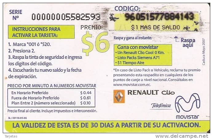 TARJETA DE ECUADOR DE MOVISTAR DE 6$ TARJETA 100% PREMIADA RENAULT CLIO - Ecuador