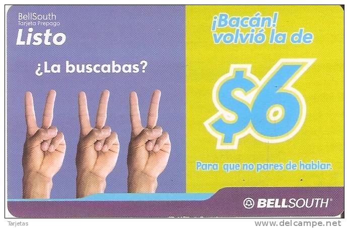 TARJETA DE ECUADOR DE BELLSOUTH DE 6$ DEDOS 3 MANOS - Equateur