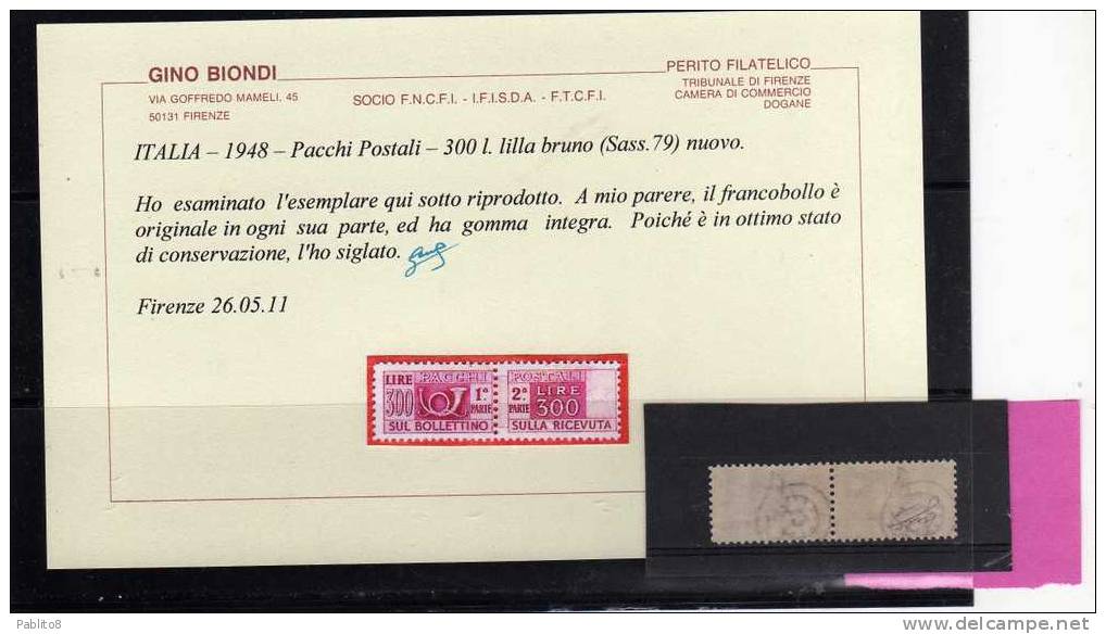 ITALIA REPUBBLICA ITALY REPUBLIC 1946 - 1951 PACCHI POSTALI PARCEL POST LIRE 300 LIRE RUOTA WHEEL 1948 MNH CERTIFICATO - Colis-postaux