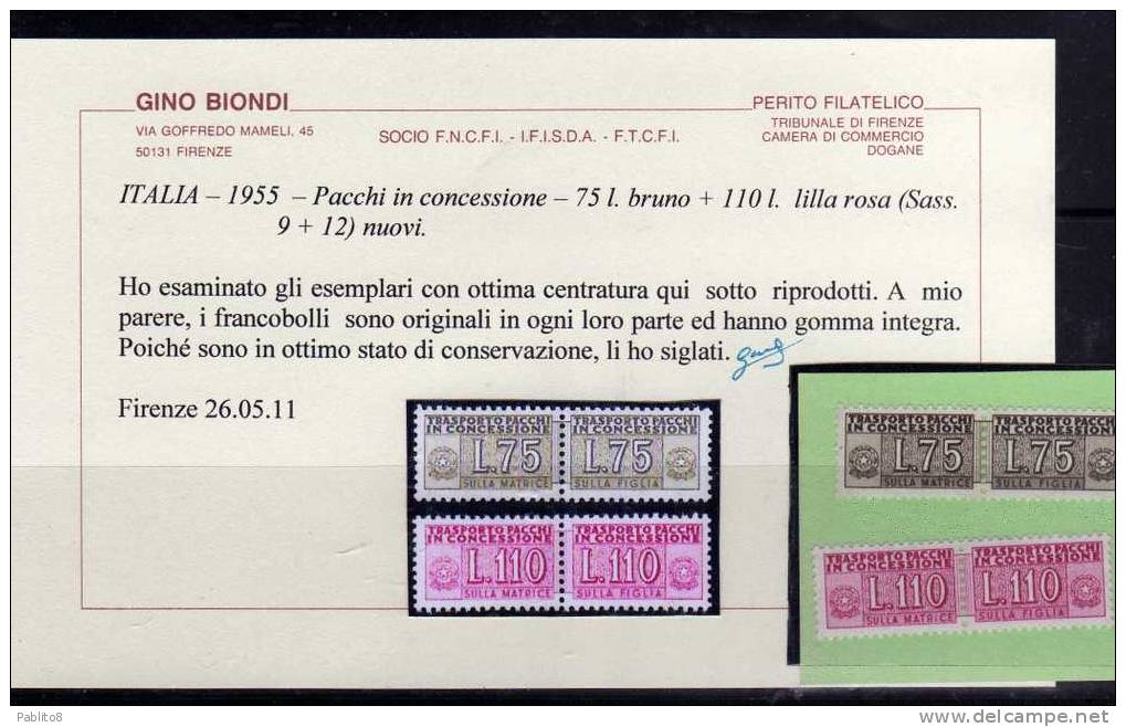 ITALIA REPUBBLICA 1955 - 1981 1968 PACCHI IN CONCESSIONE L. 75 E 110 STELLE MNH CERTIFICATO OTTIMA CENTRATURA - Colis-postaux