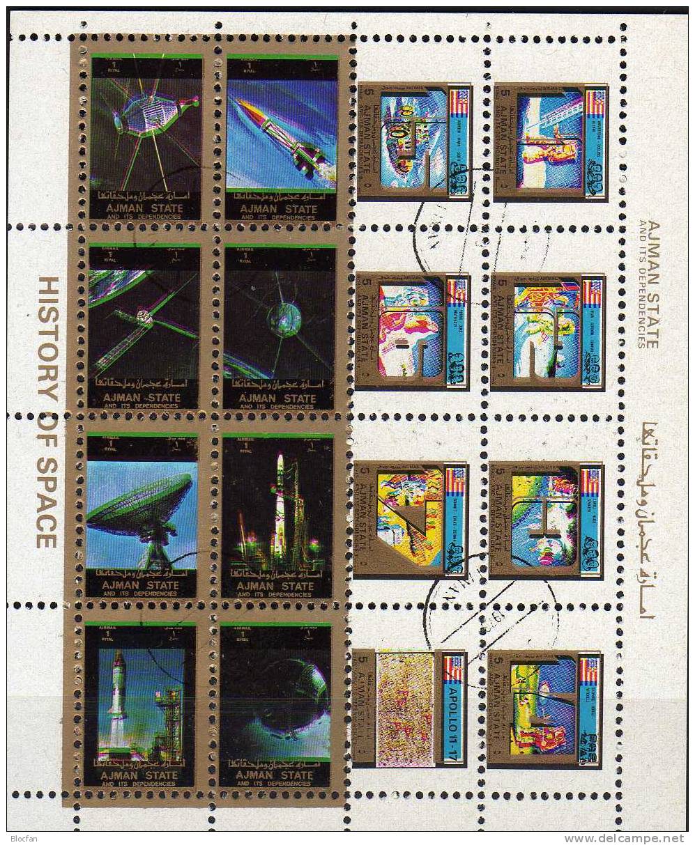 Erfolge Raumfahrt Apollo 11-17 USA 1973 VAE Ajman 2669/6 8-KB + 2677/4, 2789/6 16-KB O 36€ Mondflug Sheetlet From Arabia - USA