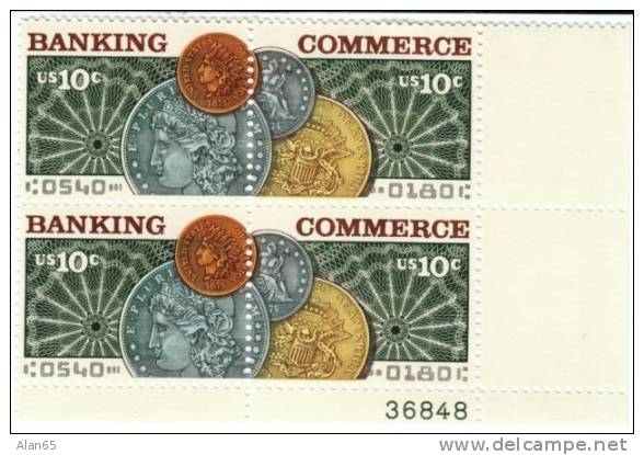 #1577-78  Plate #Block Of 4, Banking And Commerce Issue, 10-cent Stamp, Coin Money Theme - Plate Blocks & Sheetlets