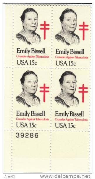 #1823  Plate #  Block Of 4, Emily Bissell, 15-cent Stamp, Crusader Against Tuberculosis Health Theme - Numéros De Planches