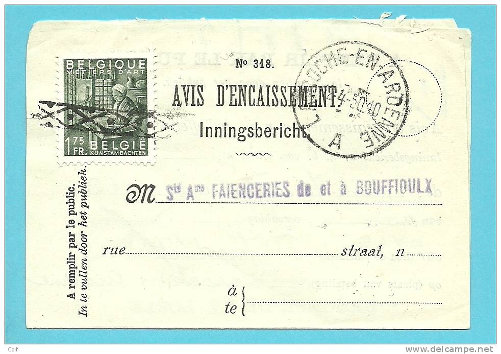 768 Op AVIS D'ENCAISSEMENT / INNINGSBERICHT Met Stempel LA-ROCHE-EN-ERDENNE , Zegel Met ROL-stempel Ontwaard !!!! - 1948 Export