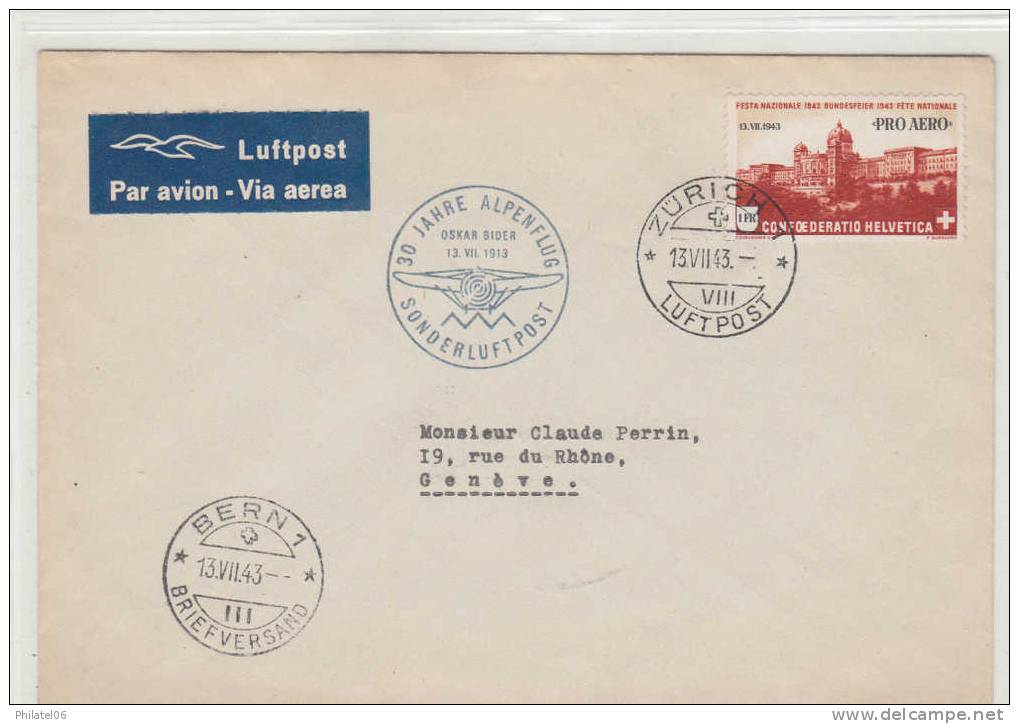 SUISSE LETTRE POSTE AERIENNE  1943 - Cartas & Documentos