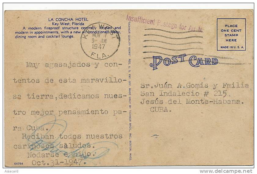 Key West 1 La Cocha Hotel Used To Cuba 1947 Air Mail  Buy Cuban Sugar Azucar Sucre - Key West & The Keys