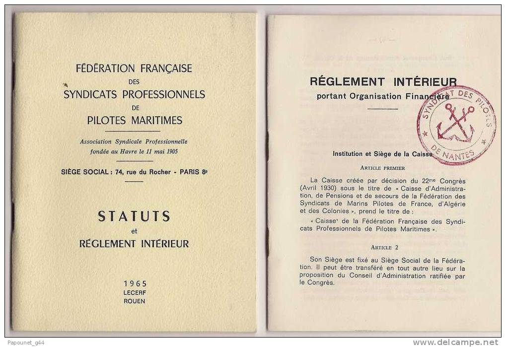 Fédération Française Des Sindicats Professionnels De Pilotes Maritimes Statuts Réglement - Boten