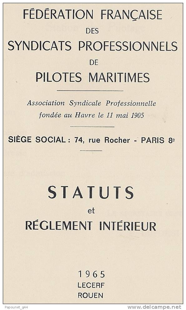 Fédération Française Des Sindicats Professionnels De Pilotes Maritimes Statuts Réglement - Bateaux