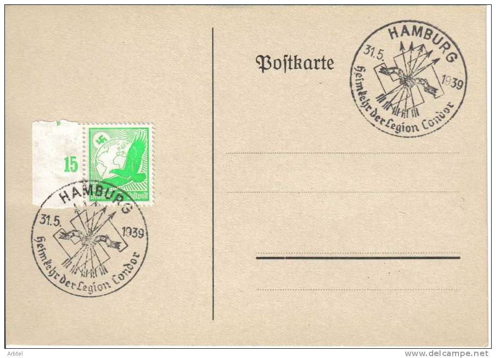 GUERRA CIVIL - ALEMANIA TARJETA CON MAT HAMBURGO RETORNO DE LA LEGIÓN CONDOR - Variétés & Curiosités