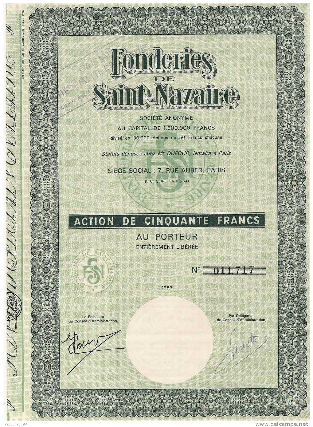 Fonderie De Saint Nazaire ( Action De Cinquante Francs ) - Industrie