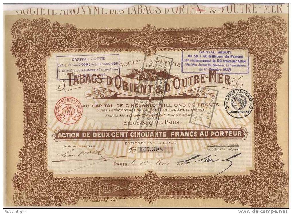 Tabacs D'Orient & D'Outre - Mer ( Action De Deux Cent Cinquante Francs Au Porteur ) - Agriculture