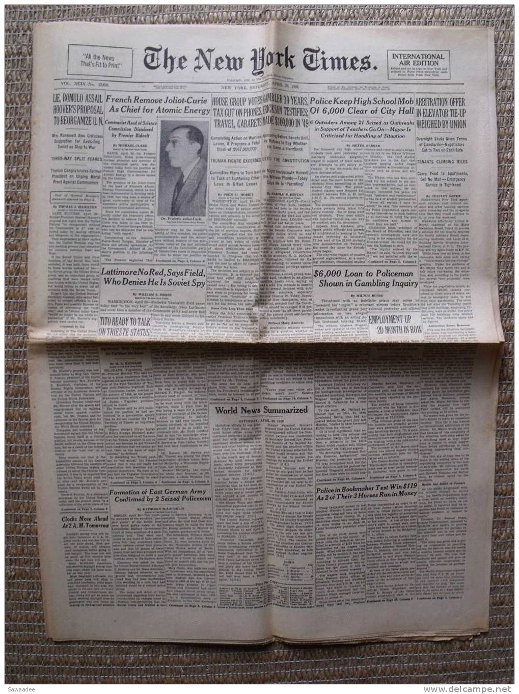 JOURNAL - U.S.A. - THE NEW YORK TIMES - 29 AVRIL 1959 - INTERNATIONAL AIR EDITION - AFFAIRE JOLIOT CURIE - Sonstige & Ohne Zuordnung